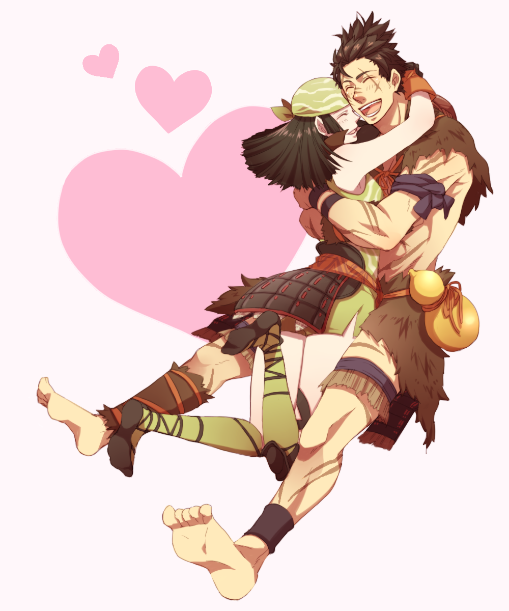 1boy, 1girl, :d, ^_^, arms_around_neck, bandana, bare_shoulders, barefoot
