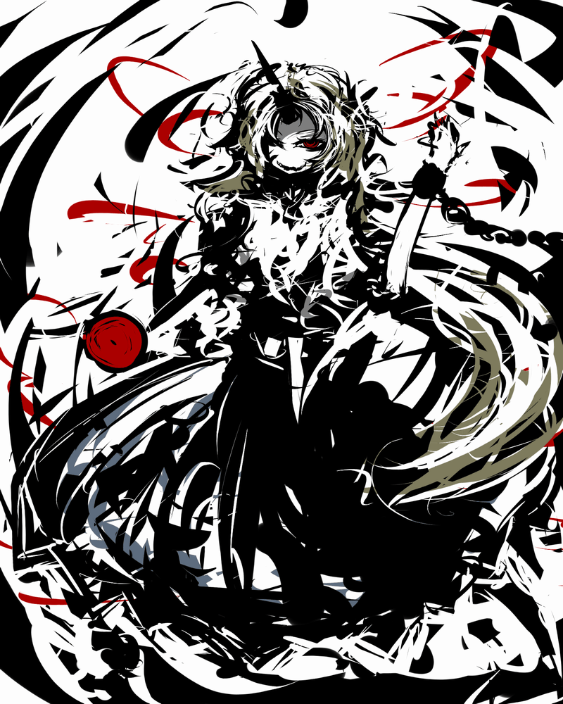 abstract, bad_id, blonde_hair, chain, chains, cuffs, f7(eiki), horn, hoshiguma_yuugi, long_hair, manacle, manacles, red_eyes, solo, speed_painting, touhou