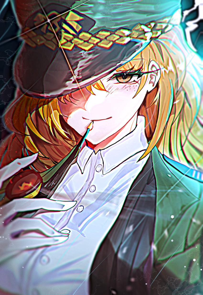 1girl, absurdres, anmalinozingo, blush, chromatic_aberration, collared_shirt, freckles, gloves, green_jacket, hat, highres, ishmael_(project_moon), jacket, lapels, limbus_company, orange_eyes, orange_hair, peaked_cap, pequod_(identity)_(project_moon), portrait, project_moon, shirt, smile, smoking_pipe, solo, white_gloves