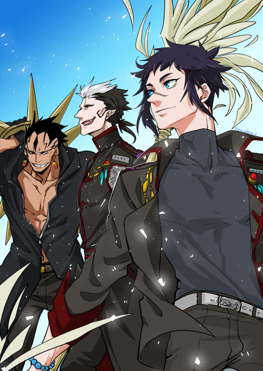 3boys, abs, alma_karma, arystar_krory, badge, belt, black_gloves, black_hair