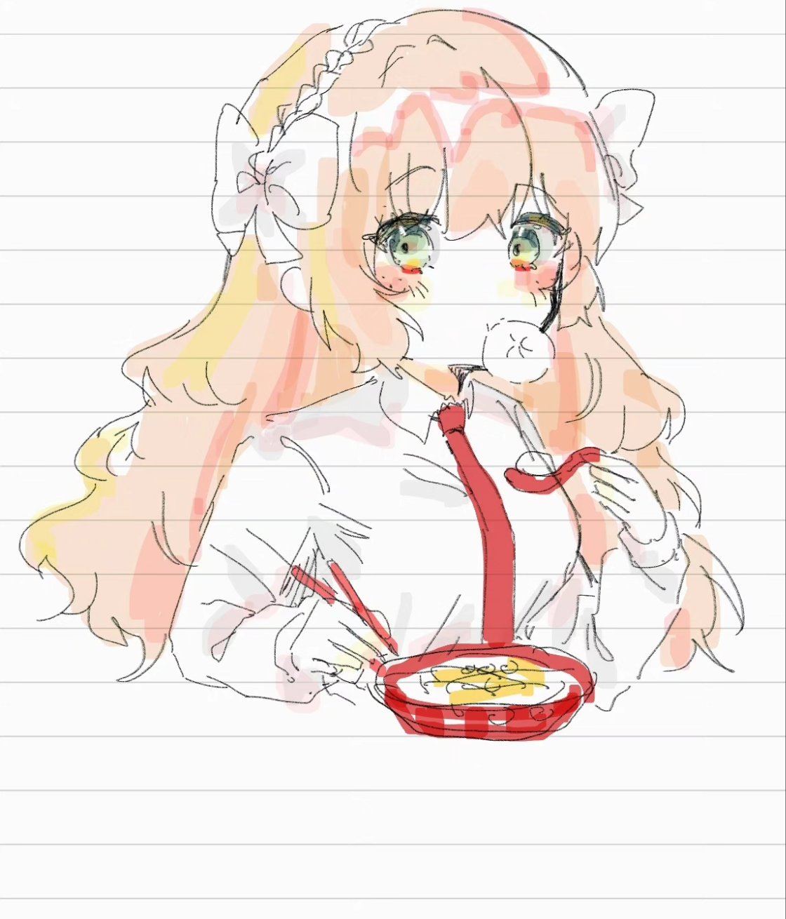 1girl, baozi, blush, bow, bowl, chopsticks, collared_shirt, cropped_torso