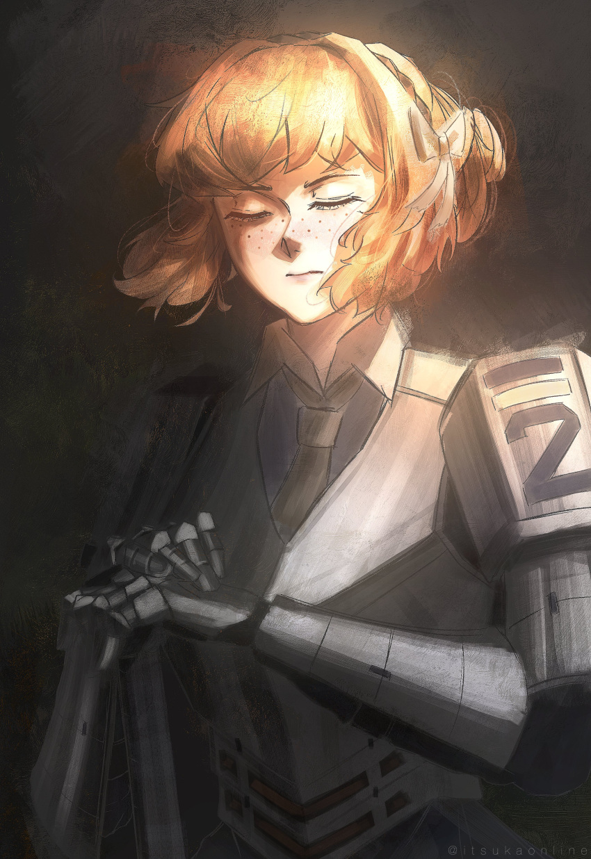 1girl, absurdres, armor, bow, closed_eyes, collared_shirt, freckles, hair_bow