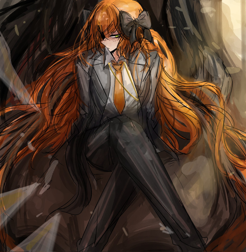 1girl, arcz35204519, arczaeon, black_bow, black_jacket, black_pants, black_suit, bow, bygone_days_(e.g.o), crossed_legs, e.g.o_(project_moon), formal_clothes, freckles, green_eyes, hair_bow, highres, ishmael_(project_moon), jacket, lapels, limbus_company, long_hair, necktie, orange_hair, orange_necktie, pants, project_moon, sitting, solo, suit, suit_jacket, very_long_hair