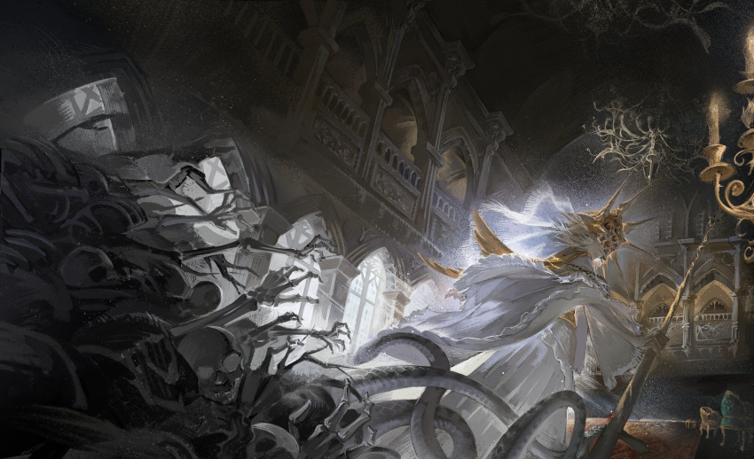 1boy, arch, architecture, blonde_hair, candle, chair, chandelier, covered_eyes