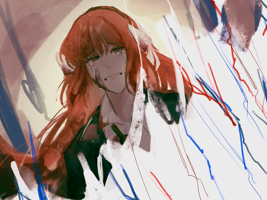 1girl, blood, bow, clenched_teeth, collared_shirt, crying, crying_with_eyes_open, dutch_angle