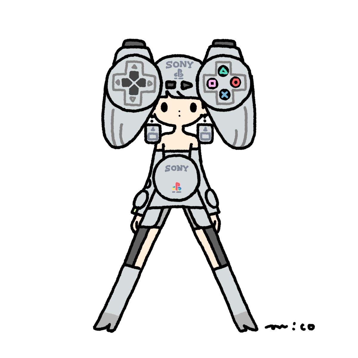 1girl, arms_at_sides, artist_name, bare_shoulders, black_eyes, blunt_bangs, boots, closed_mouth