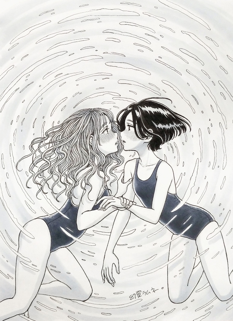 2girls, blush, breasts, eye_contact, face-to-face, genkakuramune, greyscale, holding_another's_arm