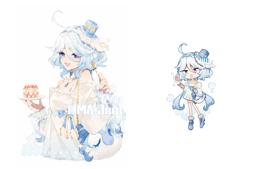 1girl, :d, absurdres, ahoge, alternate_costume, bag, bare_shoulders, blue_flower, blue_hair, blue_hat, cake, chibi, chibi_inset, commission, cropped_torso, dress, drop-shaped_pupils, flower, food, fork, frilled_socks, frills, full_body, furina_(genshin_impact), genshin_impact, hair_between_eyes, hands_up, hat, heterochromia, highres, holding, holding_food, holding_fork, holding_plate, jewelry, long_sleeves, longze_mashu, looking_ahead, looking_at_viewer, low_twintails, mini_hat, mini_top_hat, multicolored_hair, off-shoulder_dress, off_shoulder, pendant, plate, puffy_long_sleeves, puffy_sleeves, short_dress, shoulder_bag, smile, socks, strawberry_cake, streaked_hair, symbol-shaped_pupils, top_hat, twintails, upper_body, watermark, white_dress, white_hair