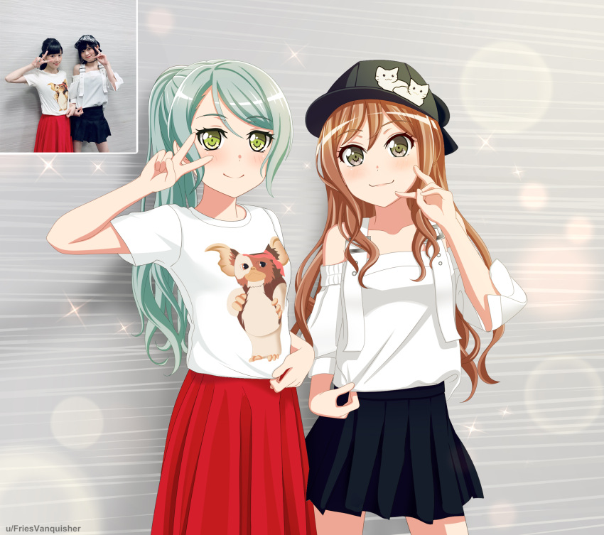 :3, aqua_hair, bang_dream!, black_hat, black_skirt, blush, brown_eyes, brown_hair