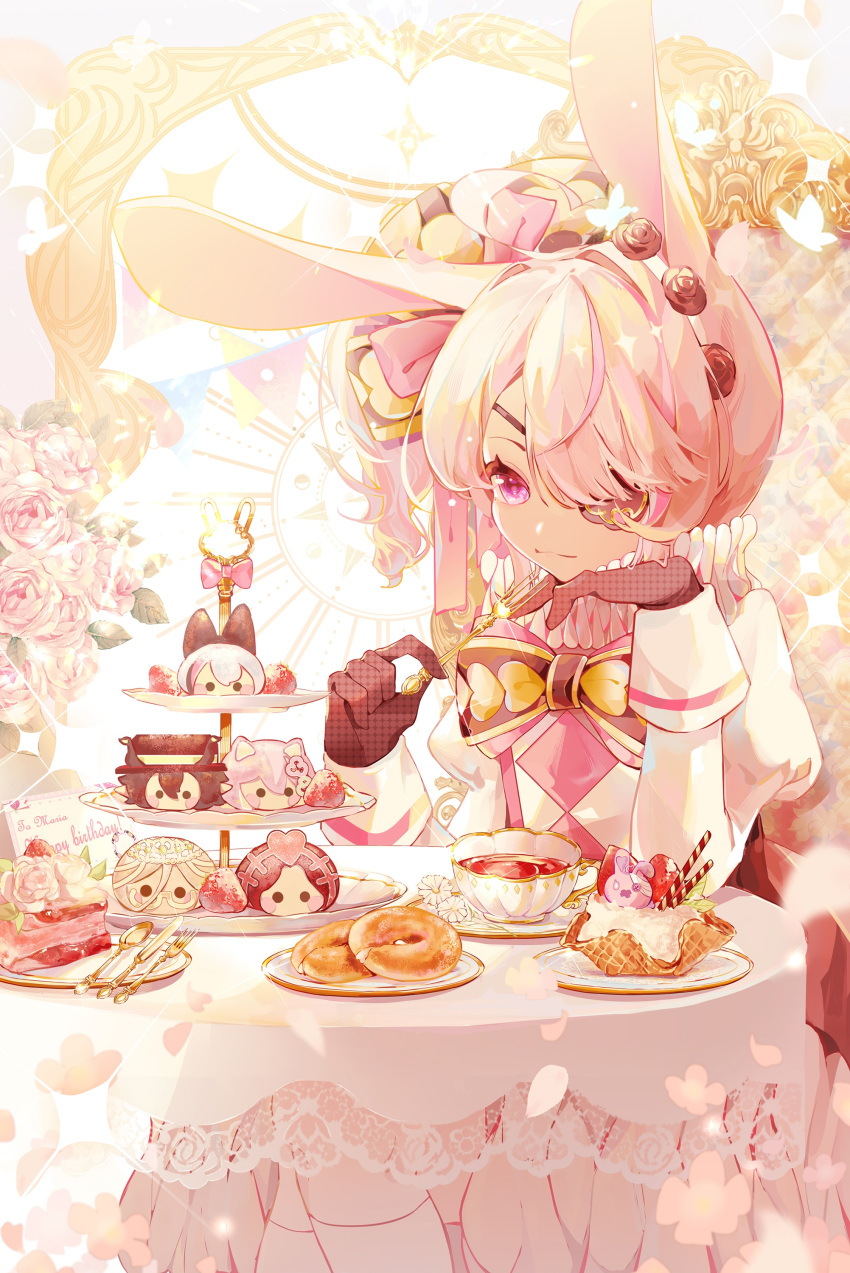 1girl, absurdres, animal_ears, bow, bowtie, brown_bow, brown_bowtie, brown_gloves, cake, character_request, collar, cup, doughnut, eyepatch, falling_petals, flower, food, fork, frilled_collar, frills, gloves, hand_on_own_chin, happy_birthday, head_rest, highres, holding, holding_fork, ice_cream, jacket, juliet_sleeves, long_sleeves, longze_mashu, maria_marionette, medium_hair, multicolored_hair, nijisanji, nijisanji_en, petals, pink_eyes, pink_flower, pink_hair, pink_rose, plate, puffy_sleeves, rabbit_ears, rose, round_table, side_ponytail, sitting, solo, spoon, strawberry_cake, streaked_hair, table, table_knife, tablecloth, teacup, tiered_tray, upper_body, virtual_youtuber, waffle, white_background, white_hair, white_jacket