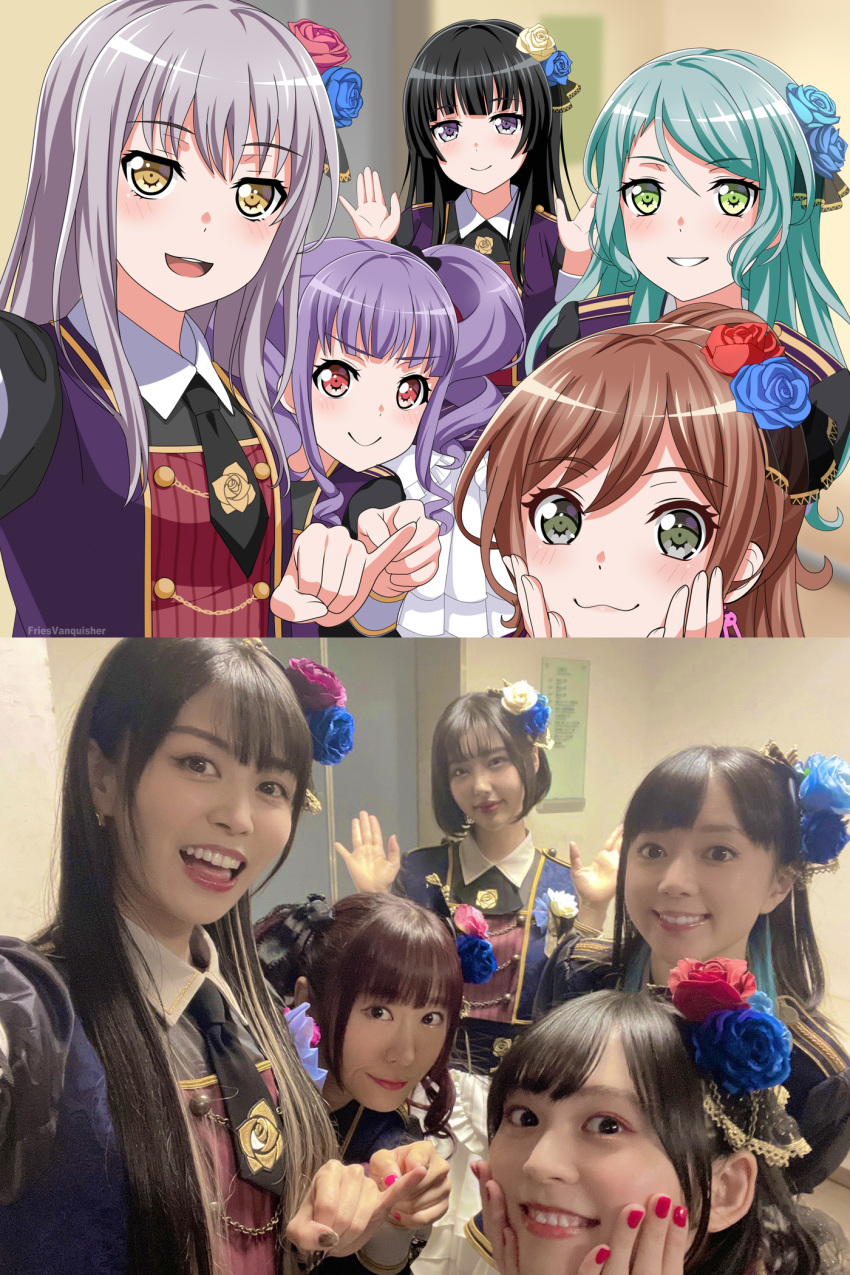 5girls, aiba_aina, aqua_hair, bang_dream!, black_hair, black_necktie, blue_flower, blue_rose, blush, brown_hair, commentary, drill_hair, english_commentary, flower, fries_vanquisher, green_eyes, grey_hair, hair_flower, hair_ornament, half_updo, hands_on_own_cheeks, hands_on_own_face, highres, hikawa_sayo, imai_lisa, kudou_haruka_(voice_actor), long_hair, looking_at_viewer, minato_yukina, multiple_girls, nakashima_yuki, necktie, open_mouth, pink_flower, pink_rose, purple_hair, purple_shirt, real_life, redhead, reference_inset, rose, sakuragawa_megu, selfie, shirokane_rinko, shirt, shizaki_kanon, teeth, twin_drills, udagawa_ako, upper_teeth_only, violet_eyes, voice_actor_connection, yellow_eyes, yellow_flower, yellow_rose