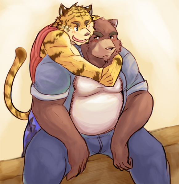 2boys, animal_ears, bear_boy, bear_ears, belly, biceps, blue_jacket, blue_pants, blue_shorts, blush, brown_fur, commentary, fat, furry, furry_male, istani, jacket, juuichi_mikazuki, looking_at_another, male_focus, morenatsu, multiple_boys, muscular, muscular_male, one_eye_closed, open_mouth, pants, plump, red_tank_top, shirt, shorts, sitting, smile, symbol-only_commentary, tail, tank_top, tiger_boy, tiger_ears, tiger_stripes, tiger_tail, torahiko_oshima, track_pants, white_shirt, yellow_fur