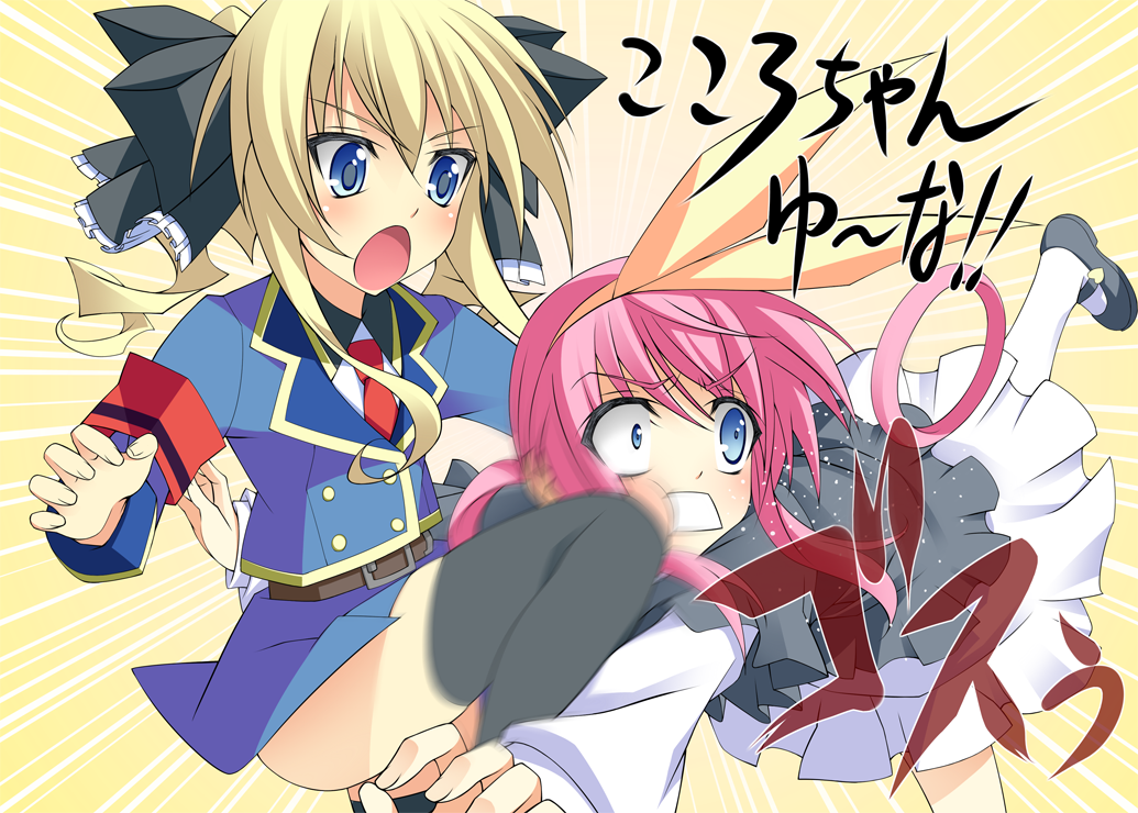 akechi_kokoro, armband, black_legwear, black_thighhighs, blonde_hair, blue_eyes, blush, bow