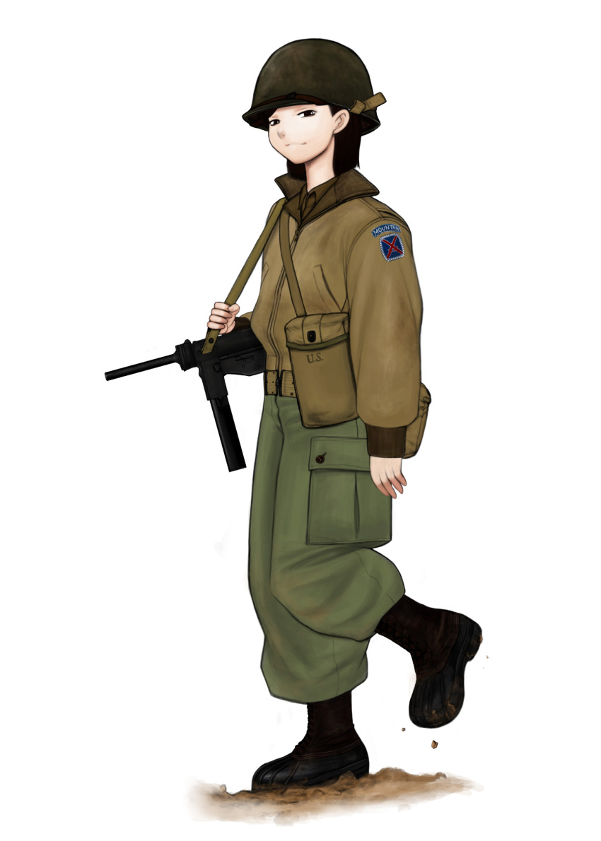 10th_mountain_division, boots, copyright_request, gun, helmet, highres, komii, m3_greasegun, m3_submachine_gun, military, military_uniform, mud, soldier, solo, submachine_gun, uniform, weapon, world_war_ii, wwii
