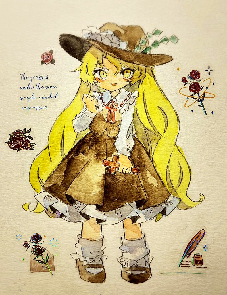 1girl, blush, bobby_socks, brown_feathers, brown_footwear, brown_hat, brown_skirt, brown_vest, commentary_request, cross, feathers, flower, frilled_hat, frilled_shirt_collar, frills, full_body, green_feathers, hat, hat_feather, holding, holding_cross, inkwell, jacket, jacket_girl_(dipp), key747h, long_sleeves, looking_at_viewer, mary_janes, neck_ribbon, quill, red_ribbon, ribbon, rose, shirt, shoes, simple_background, skirt, socks, solo, standing, touhou, traditional_media, vest, white_background, white_shirt, white_socks