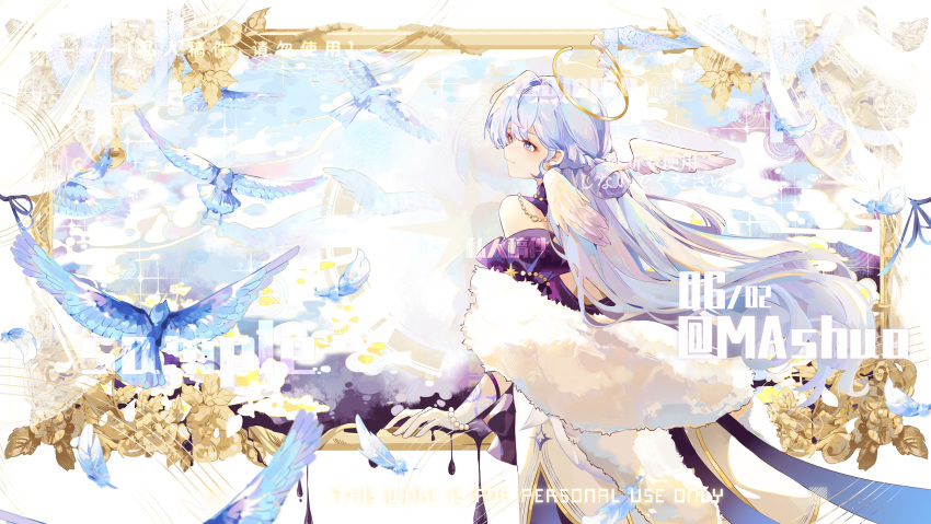 1girl, bare_shoulders, bird, blue_bird, blue_eyes, blue_hair, blue_sky, choker