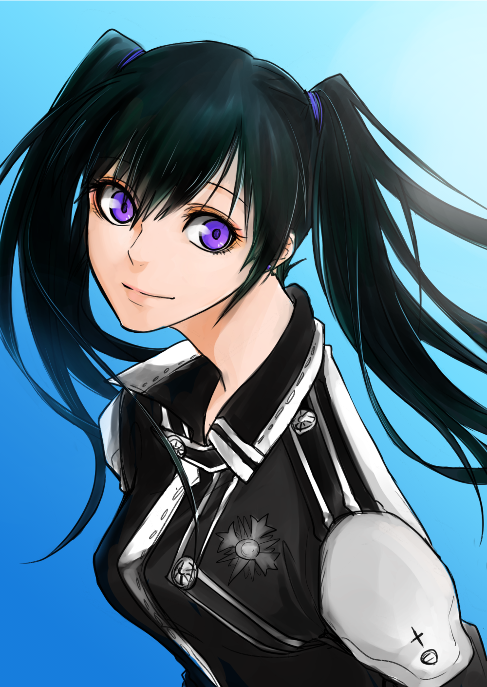1girl, badge, black_jacket, black_order_uniform, blue_background, d.gray-man, earrings, green_hair