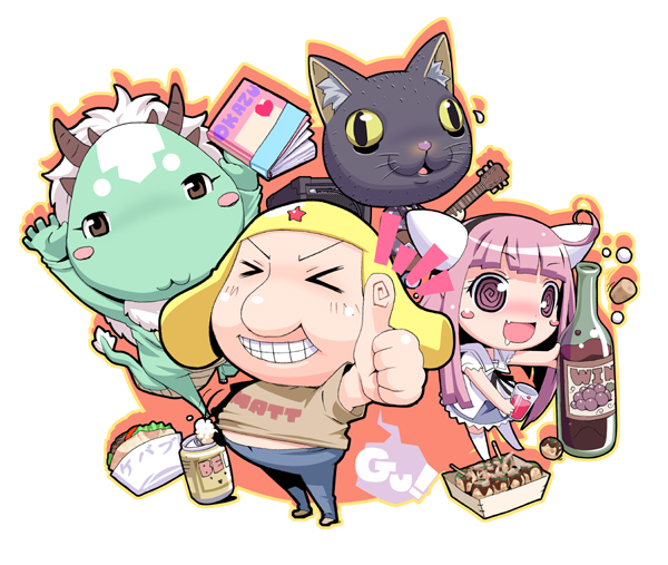1boy, 1girl, @_@, alcohol, animal_ears, beer_can, blush_stickers, bottle