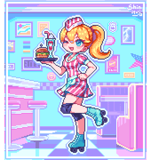 1girl, ;d, american_flag, american_flag_print, apron, blonde_hair, blue_eyes, blue_footwear, booth_seating, burger, carhop, checkered_floor, commentary_request, diner, double-parted_bangs, dress, flag_print, floating_clothes, food, hair_between_eyes, hand_on_own_hip, holding, holding_tray, knee_pads, leg_up, milkshake, one_eye_closed, open_mouth, original, partial_commentary, pixel_art, ponytail, roller_skates, shinku_castle, skates, smile, solo, star_(symbol), stool, striped_clothes, striped_dress, tray, vertical-striped_clothes, vertical-striped_dress, waist_apron, waitress