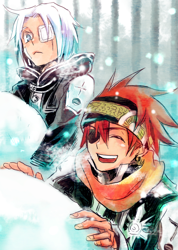2boys, allen_walker, black_order_uniform, blue_eyes, closed_eyes, closed_mouth, d.gray-man, eyepatch