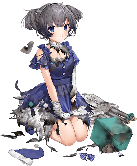 1girl, :t, blue_eyes, blue_santa_costume, box, dress, dress_ribbon, elbow_gloves, full_body, gift, gift_box, gloves, grey_hair, hat, headgear, hoshiakari_(c2_kikan), i-36_(christmas_mode)_(kancolle), i-36_(kancolle), kantai_collection, kneeling, looking_at_viewer, mini_hat, mini_santa_hat, official_art, pout, sack, santa_costume, santa_dress, santa_hat, short_hair, solo, torn_clothes, torn_dress, torpedo, transparent_background, twintails, white_gloves