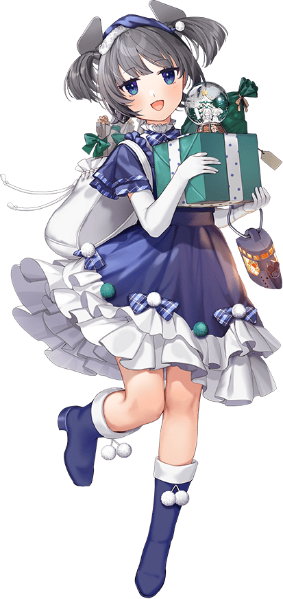 1girl, blue_eyes, blue_santa_costume, box, dress, dress_ribbon, elbow_gloves, full_body