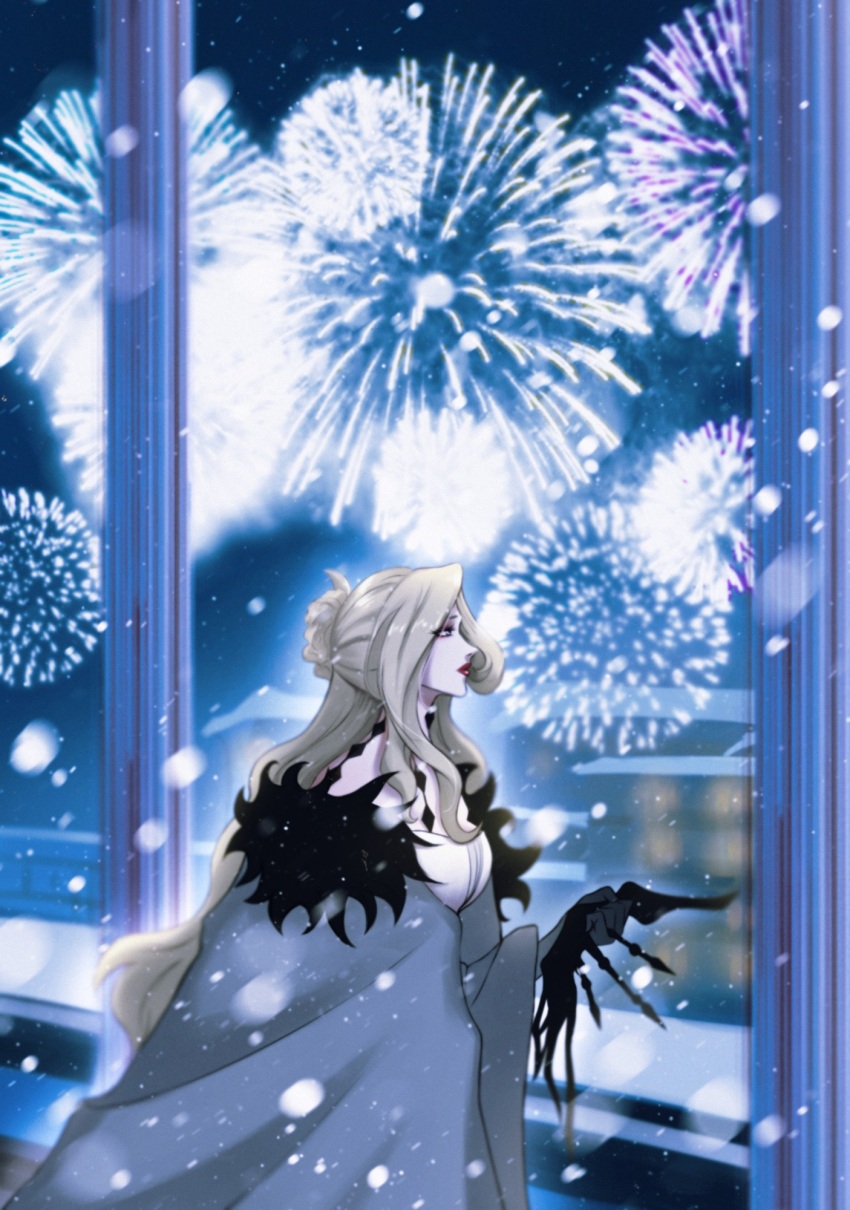 1girl, 7villian7, aerial_fireworks, black_mask, blonde_hair, blue_eyes, butterfly_mask, coat, dress, fireworks, from_side, fur-trimmed_coat, fur-trimmed_collar, fur_coat, fur_trim, genshin_impact, gloves, highres, holding, holding_mask, long_hair, mask, red_lips, signora_(genshin_impact), solo, white_coat, white_dress, window, winter_clothes, winter_coat