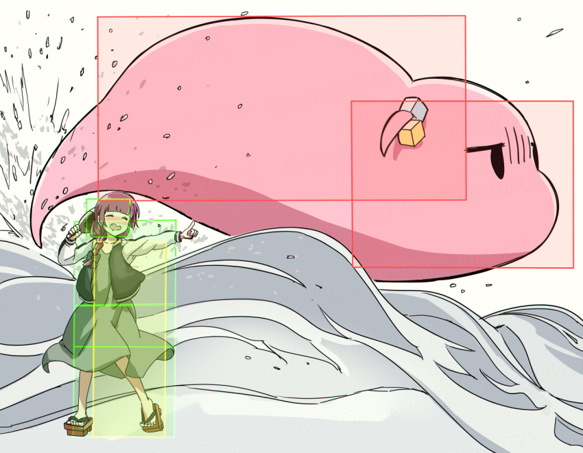 1girl, black_bow, black_jacket, black_nails, blush, bocchi_the_rock!, bottle, bow, braid, closed_eyes, cube_hair_ornament, dress, drooling, fang, fighting_game, geta, gotoh_hitori, gotoh_hitori_(tsuchinoko), green_dress, guilty_gear, guilty_gear_strive, hair_ornament, hair_over_shoulder, hiroi_kikuri, hitbox, holding_glass_bottle, jacket, may_(guilty_gear), multicolored_clothes, multicolored_jacket, nail_polish, on_shoulder, open_mouth, outstretched_arm, pink_hair, pointing, purple_hair, simple_background, single_braid, solo, torako_(toramaru), two-tone_jacket, water, waves, white_background, white_jacket, wine_bottle