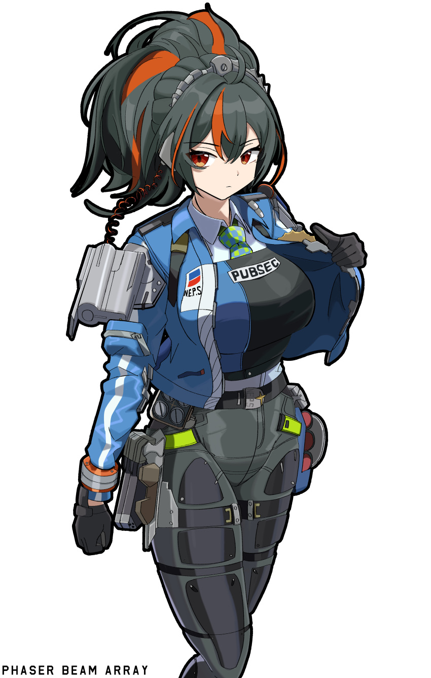 1girl, absurdres, artist_name, black_gloves, black_outline, blue_jacket, breasts, checkered_necktie