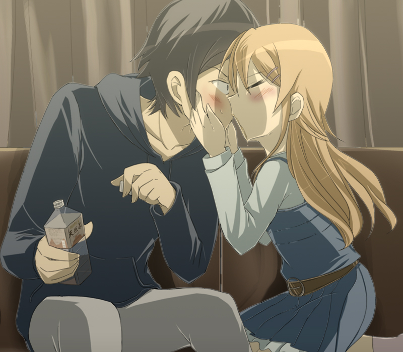 bottle, brother_and_sister, brown_hair, couch, hoodie, incest, kiss, kousaka_kirino