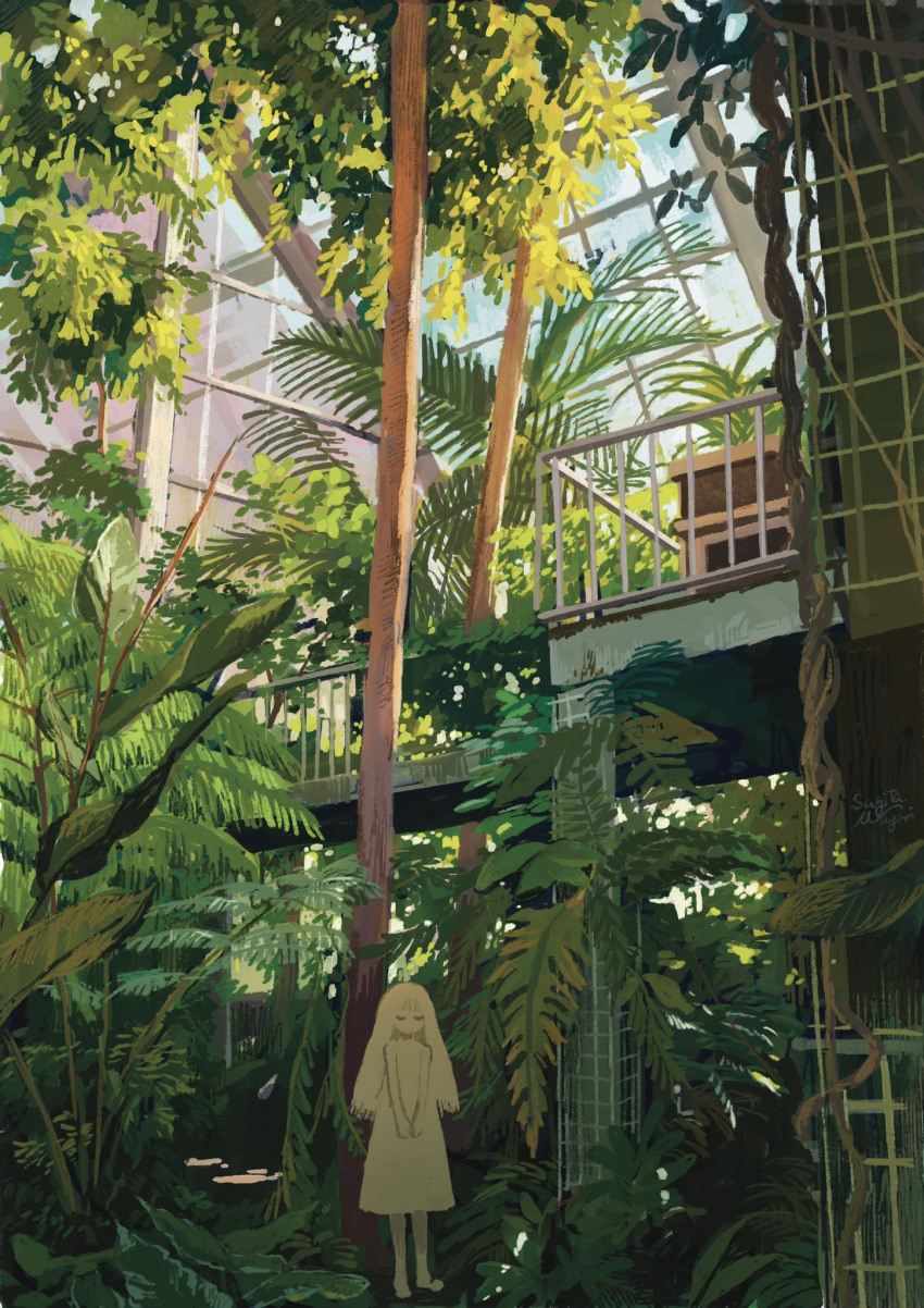 1girl, building, closed_eyes, dress, fern, greenhouse, highres, long_hair