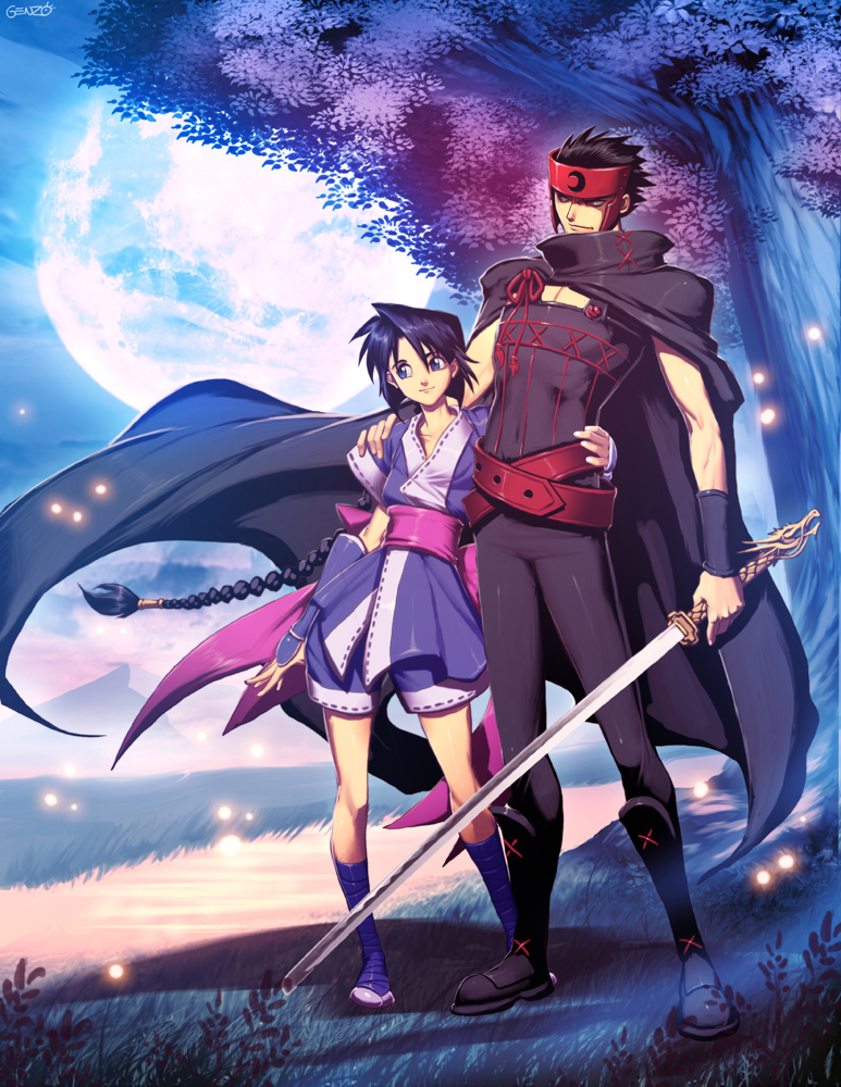 arm_guard, armband, belt, black_hair, blue_eyes, braid, cape, crescent