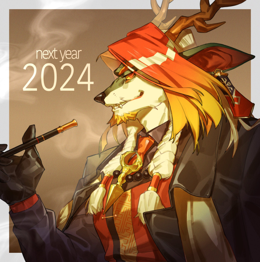 1boy, 2024, arknights, beard, black_coat, black_gloves, black_shirt, border