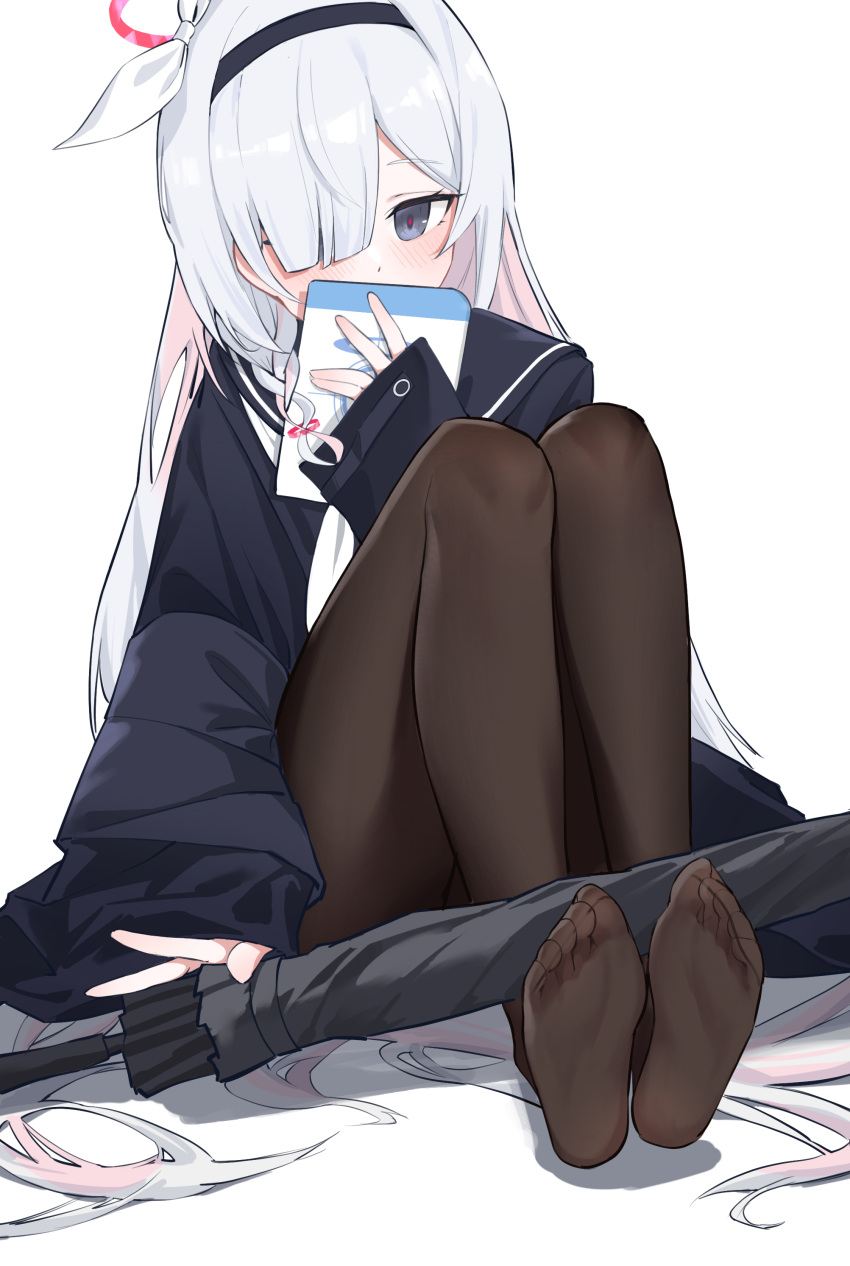 1girl, absurdres, black_coat, black_hairband, black_pantyhose, black_sailor_collar, black_umbrella, blue_archive