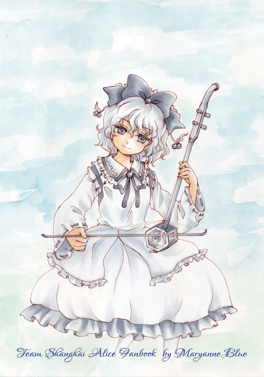1girl, absurdres, bow, bow_(music), breasts, closed_mouth, collared_shirt, commentary_request