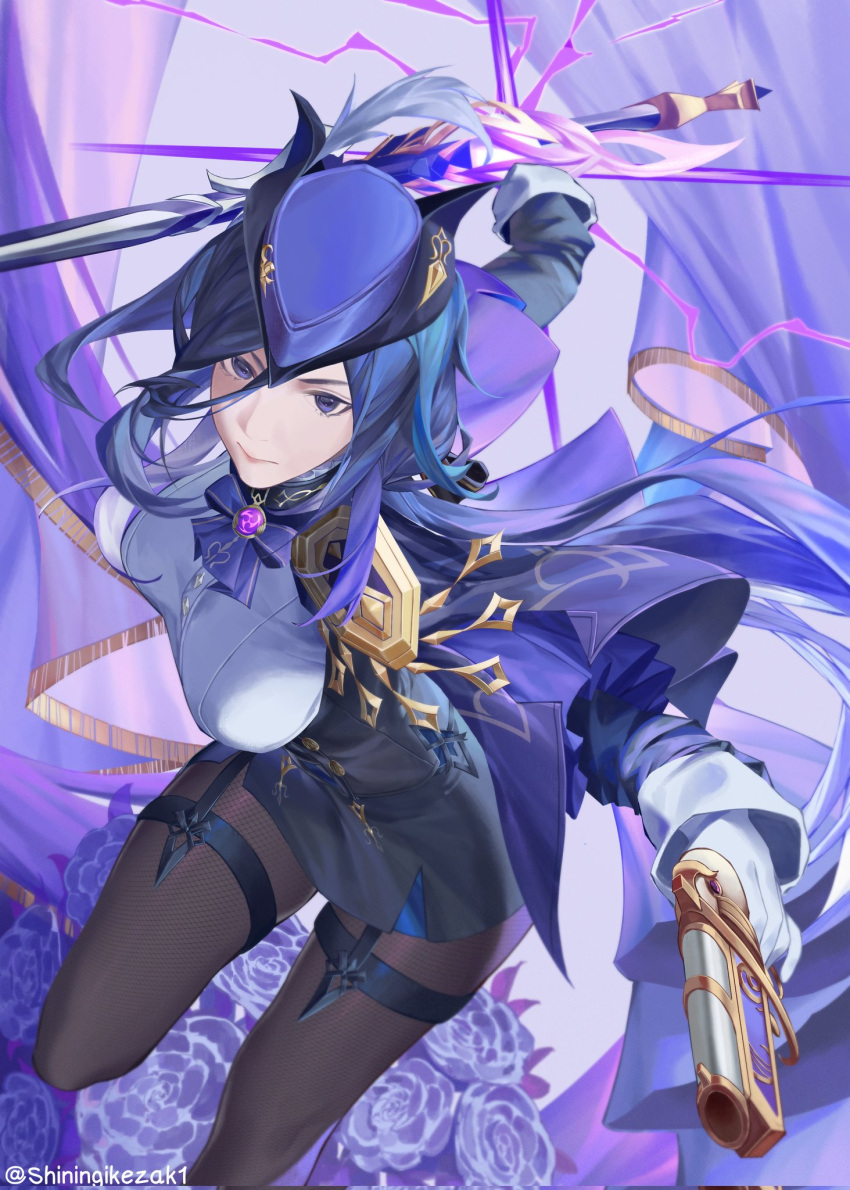 1girl, absolution_(genshin_impact), ascot, black_corset, black_pantyhose, black_skirt, breasts, cape, clorinde_(genshin_impact), closed_mouth, corset, epaulettes, fold-over_gloves, framed_breasts, genshin_impact, gun, hat, highres, holding, holding_gun, holding_sword, holding_weapon, looking_at_viewer, medium_breasts, pantyhose, pencil_skirt, purple_ascot, purple_background, purple_cape, shirt, skirt, smile, solo, sunshineikezak1, sword, tricorne, twitter_username, violet_eyes, vision_(genshin_impact), weapon, white_shirt
