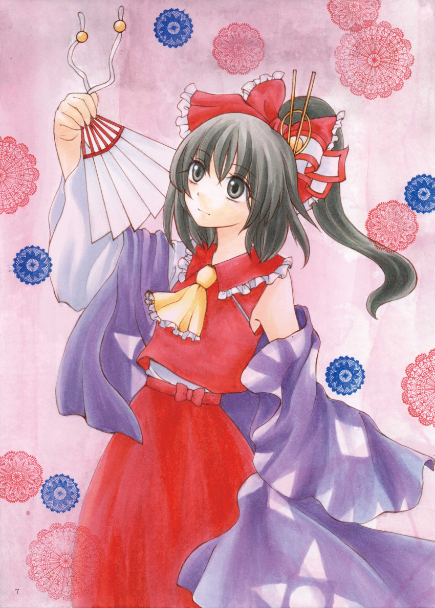 absurdres, ascot, bare_shoulders, black_eyes, black_hair, bow, closed_mouth, commentary_request