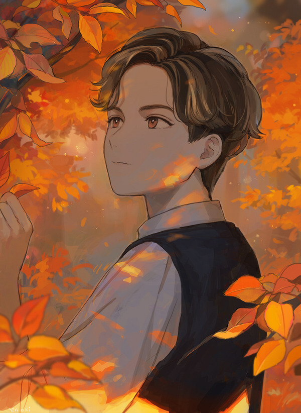 1boy, autumn_leaves, black_vest, brown_eyes, brown_hair, closed_mouth, eno_bw, k-pop, leaf, looking_up, male_focus, orange_theme, profile, real_life, seventeen_(group), shirt, short_hair, solo, upper_body, vernon_(seventeen), vest, white_shirt