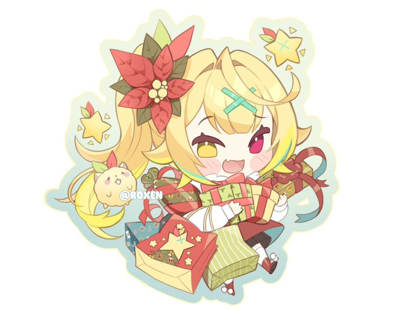 1girl, absurdres, artist_name, black_skirt, blonde_hair, blush_stickers, bow, box