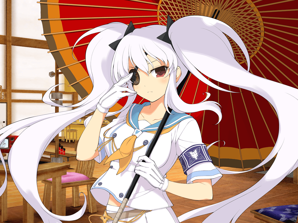1girl, adjusting_eyepatch, architecture, armband, ascot, blue_armband, blue_necktie, blue_sailor_collar