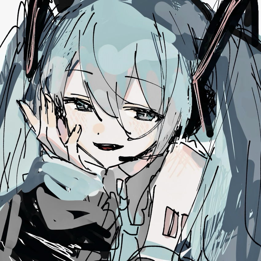 1girl, aqua_eyes, aqua_hair, aqua_shirt, arm_tattoo, black_sleeves, detached_sleeves, hair_between_eyes