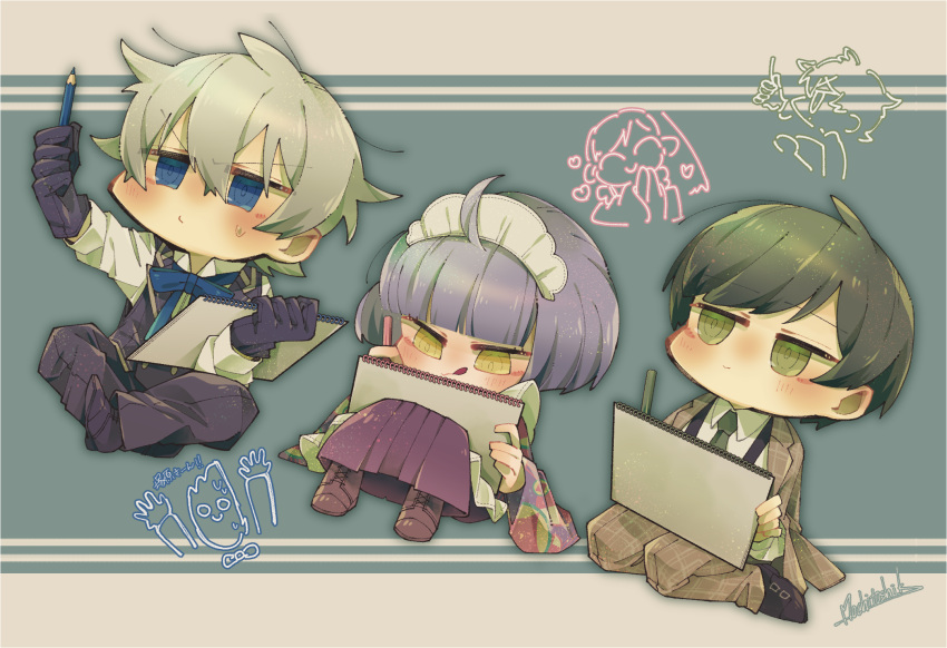 2girls, 3boys, :q, ahoge, atori_haruto, black_gloves, black_pants, black_vest
