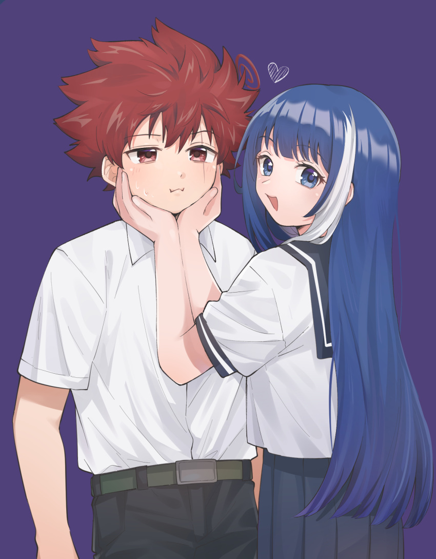 1boy, 1girl, asano_taiyo, belt, black_pants, blue_eyes, blue_hair, blue_sailor_collar