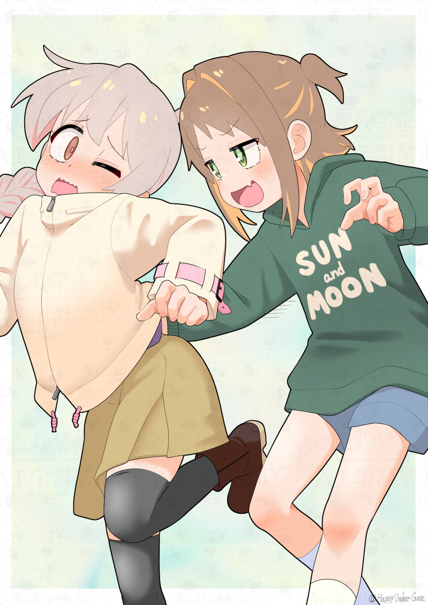 2girls, :d, absurdres, artist_name, bare_legs, black_footwear, black_thighhighs, blush, boots, braid, brown_eyes, clothes_writing, commentary_request, d;, diamond-shaped_pupils, diamond_(shape), drawstring, fang, green_background, green_eyes, green_hoodie, grey_hair, hair_intakes, hand_in_another's_clothes, happyundergate, highres, hood, hoodie, jacket, long_hair, long_sleeves, looking_at_another, multicolored_hair, multiple_girls, nose_blush, oka_asahi, one_eye_closed, onii-chan_wa_oshimai!, open_mouth, oyama_mahiro, pink_hair, short_hair, short_shorts, shorts, simple_background, skin_fang, skirt, smile, socks, symbol-shaped_pupils, thigh-highs, twitter_username, two-tone_hair, two_side_up, wavy_mouth, white_socks, wince, yellow_jacket, yellow_skirt, zipper_pull_tab