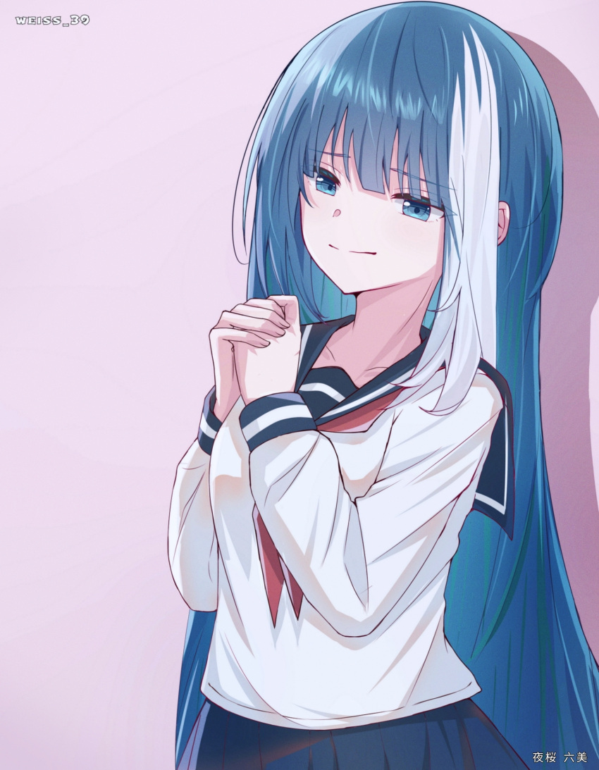1girl, blue_sailor_collar, blue_skirt, breasts, collarbone, english_commentary, highres, long_hair
