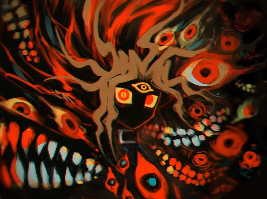 1boy, black_hair, blonde_hair, colored_sclera, highres, jingshen_fensui, multicolored_background, red_eyes, redhead, sharp_teeth, solo, teeth, too_many_eyes, upper_body, yami_yugi, yellow_sclera, yu-gi-oh!