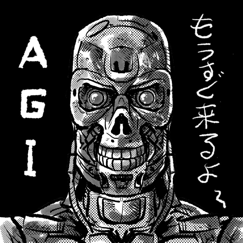 1boy, commentary_request, greyscale, highres, imamura_takaya, male_focus, monochrome, portrait, robot, solo, t-800, teeth, terminator_(series), the_terminator, translation_request