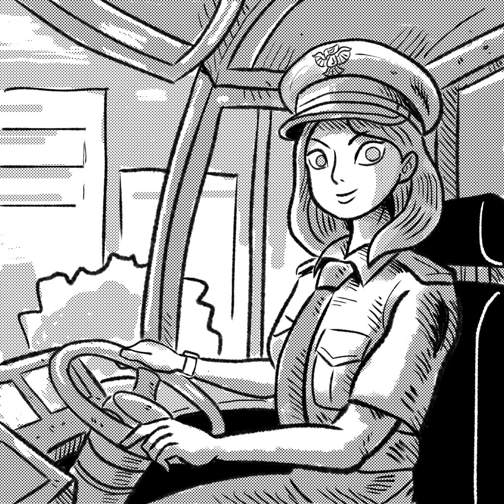1girl, breast_pocket, breasts, bus_interior, commentary_request, employee_uniform, greyscale, imamura_takaya, medium_breasts, medium_hair, monochrome, necktie, original, pocket, sitting, smile, solo, steering_wheel, underwear