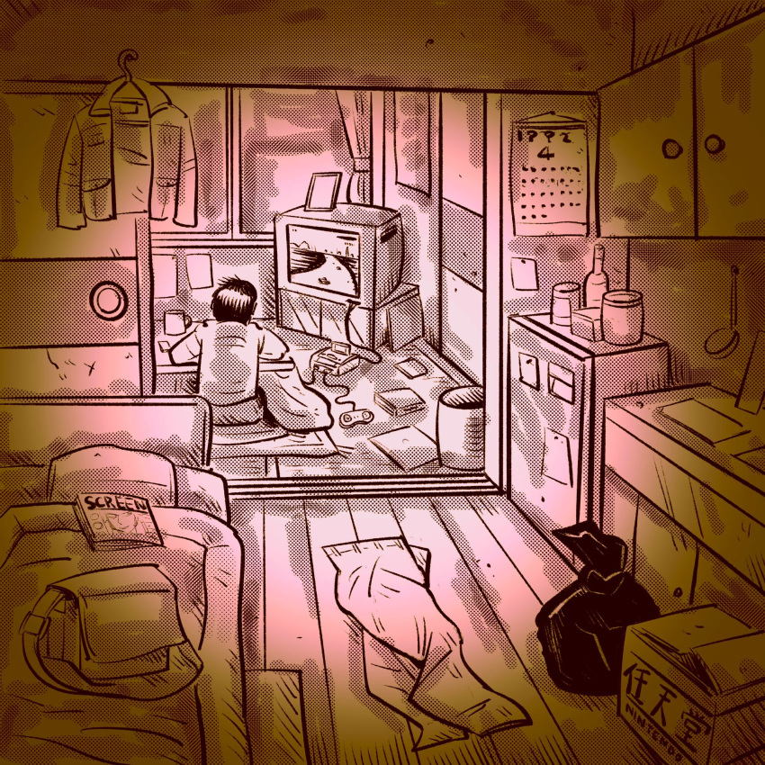 1boy, apartment, bag, box, calendar_(object), cardboard_box, commentary_request, controller