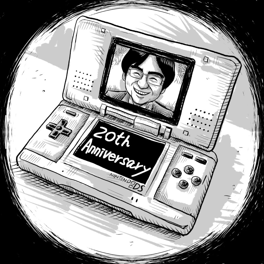 1boy, anniversary, commentary_request, glasses, handheld_game_console, highres, imamura_takaya, iwata_satoru